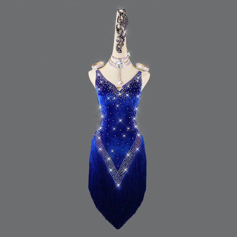 Customisable-Women's Blue Tassel Latin Dance Dress Professional Dance Stage Performance Wear