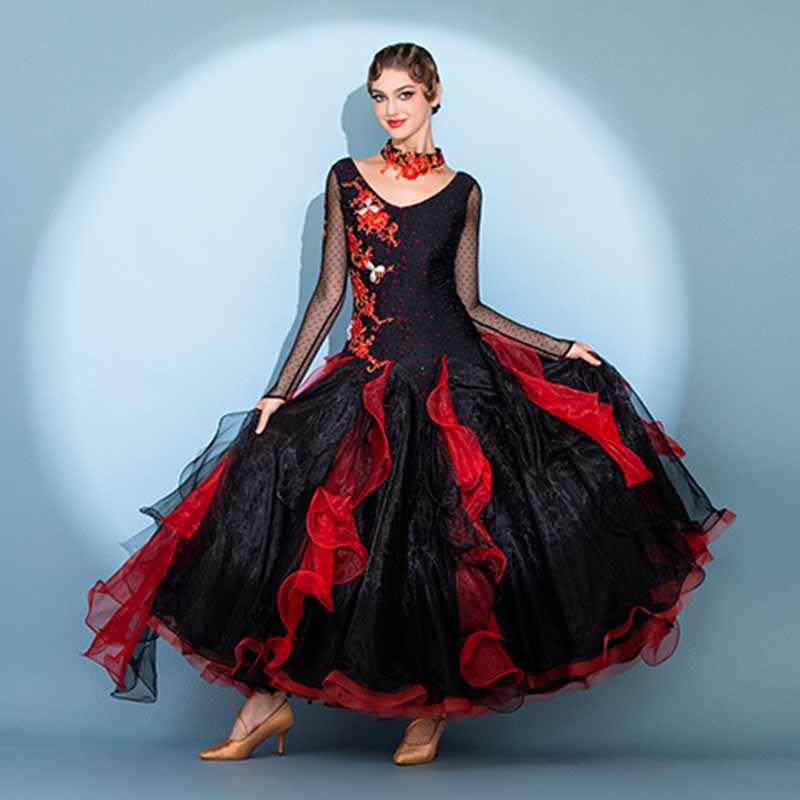 Women's Long Sleeve Lace Diamond Waltz Ballroom Dance Competition Modern Dance Large Swing Dress
