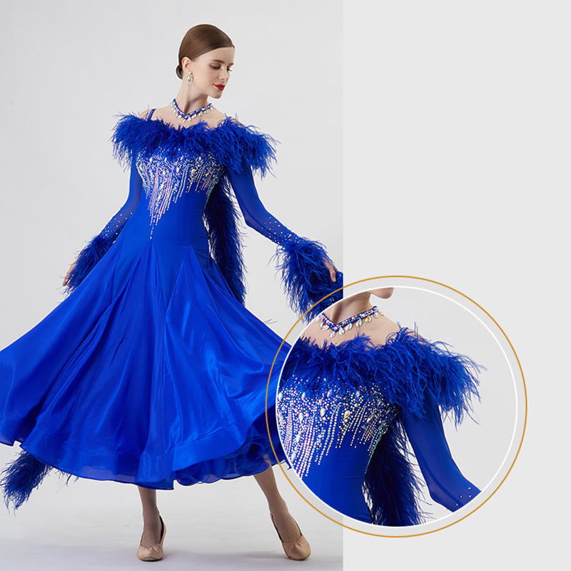 YUN Customisable-Women's Long Sleeve  Backless Diamonds Waltz Modern Ballroom Dance Dress Competition Dresses (With Necklace)
