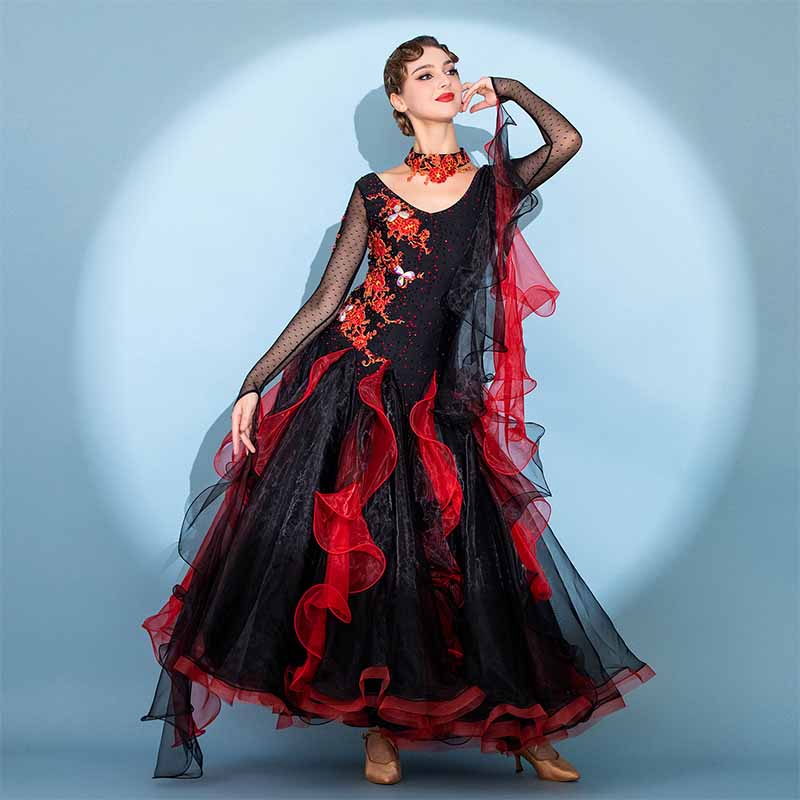 Women's Long Sleeve Lace Diamond Waltz Ballroom Dance Competition Modern Dance Large Swing Dress