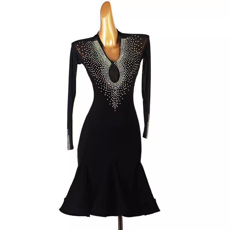 Customisable-Women's Black Long Sleeve DanceWear Dance Dress Performance Wear