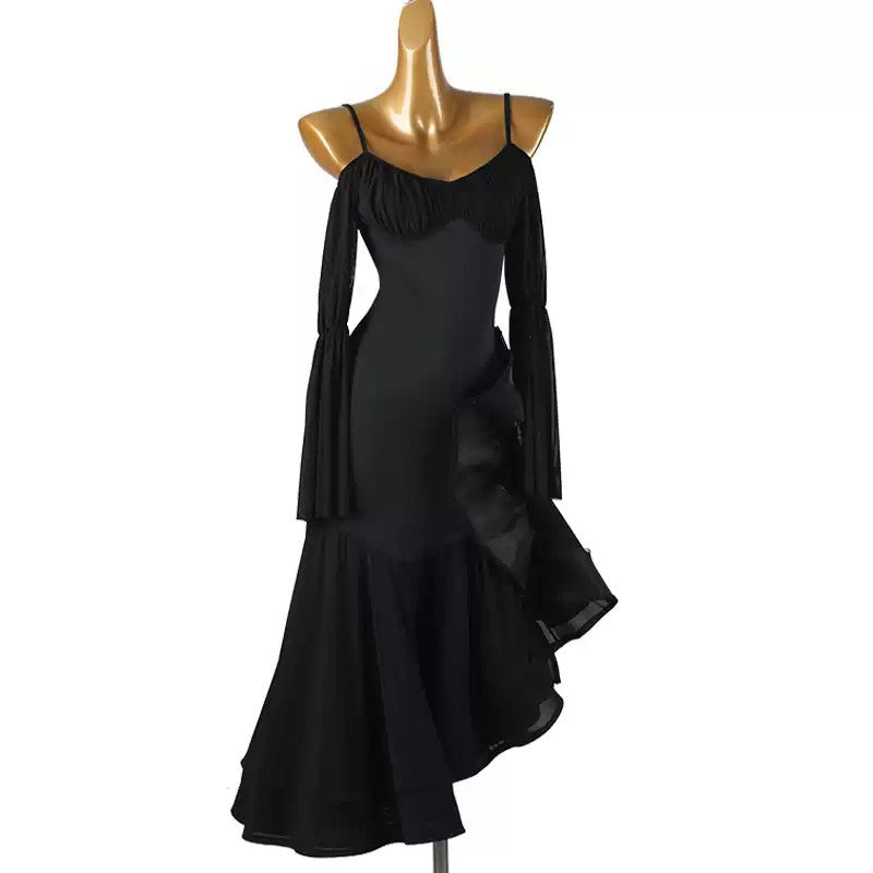 YZY Customisable-Women's Black Spaghetti Strap Tassel DanceWear Dance Dress Performance Wear