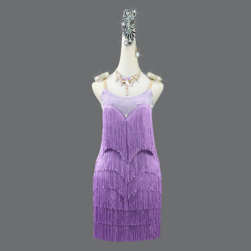 Customisable-Women's Purple Tassel Latin Dance Dress Professional Dance Stage Performance Wear
