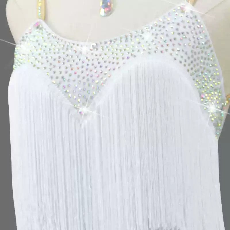 Customisable-Women's White Tassel Latin Dance Dress Professional Dance Stage Performance Wear