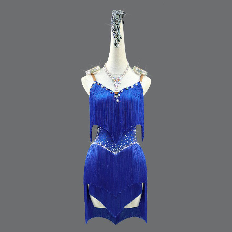 Customisable-Women's Blue Tassel Latin Dance Dress Professional Dance Stage Performance Wear