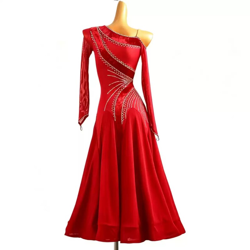 YZY Customisable-Women's Red One Shoulder Modern Dance Dress Ballroom Dance Costume Training Performance