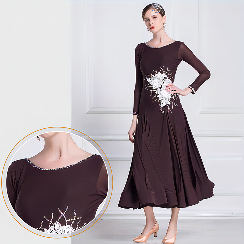 YUN Customisable-Women's Long Sleeve Applique with Diamonds Waltz Modern Ballroom Dance Dress