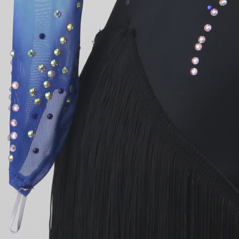 YZY Customisable-Women's Blue Long Sleeve Tassel Rhinestone DanceWear Dance Dress Performance Wear