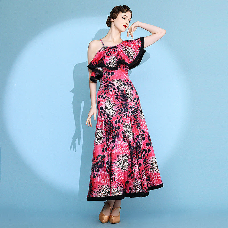 Women's Red Print Modern Dance Performance Dress Waltz Ballroom Dance Dress