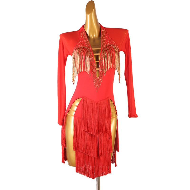 YZY Customisable-Women's Long Sleeve Tassel DanceWear Dance Dress Performance Wear