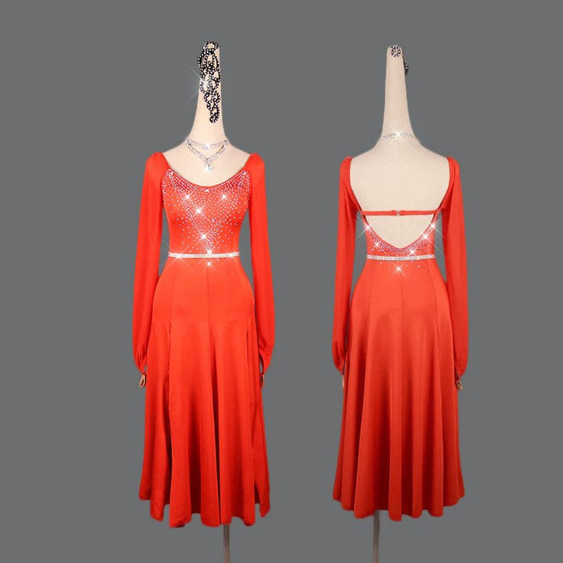 Customisable-Women's Red Latin Dance Dress Professional Dance Stage Performance Wear (With Waistband)