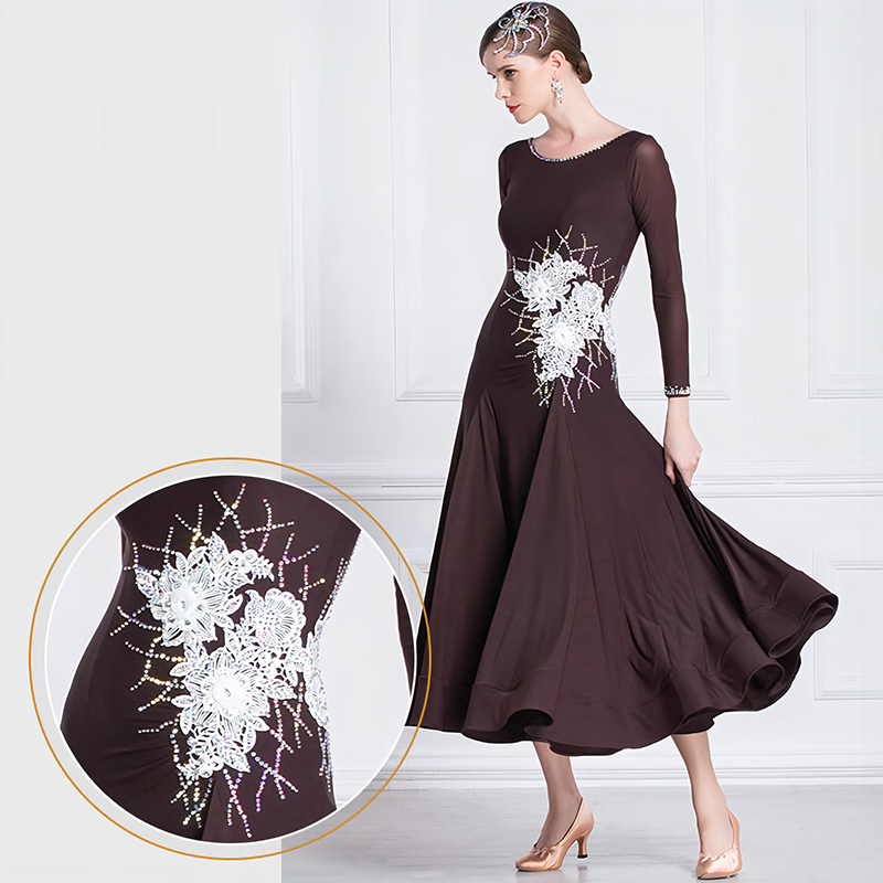 YUN Customisable-Women's Long Sleeve Applique with Diamonds Waltz Modern Ballroom Dance Dress