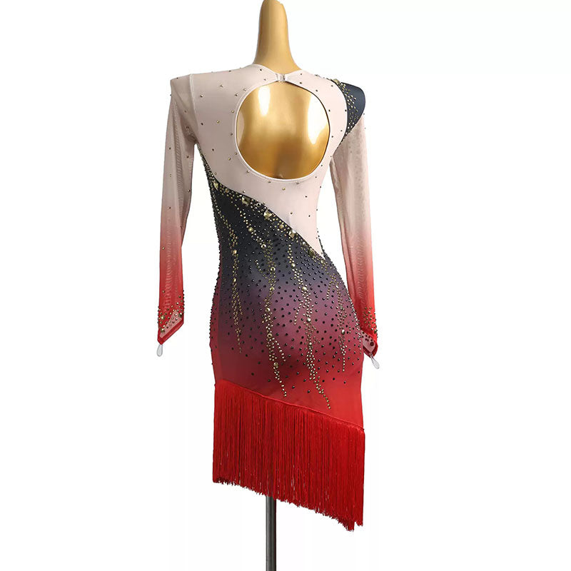 YZY Customisable-Women's Black-Red Long Sleeve Tassel Rhinestone DanceWear Dance Dress Performance Wear