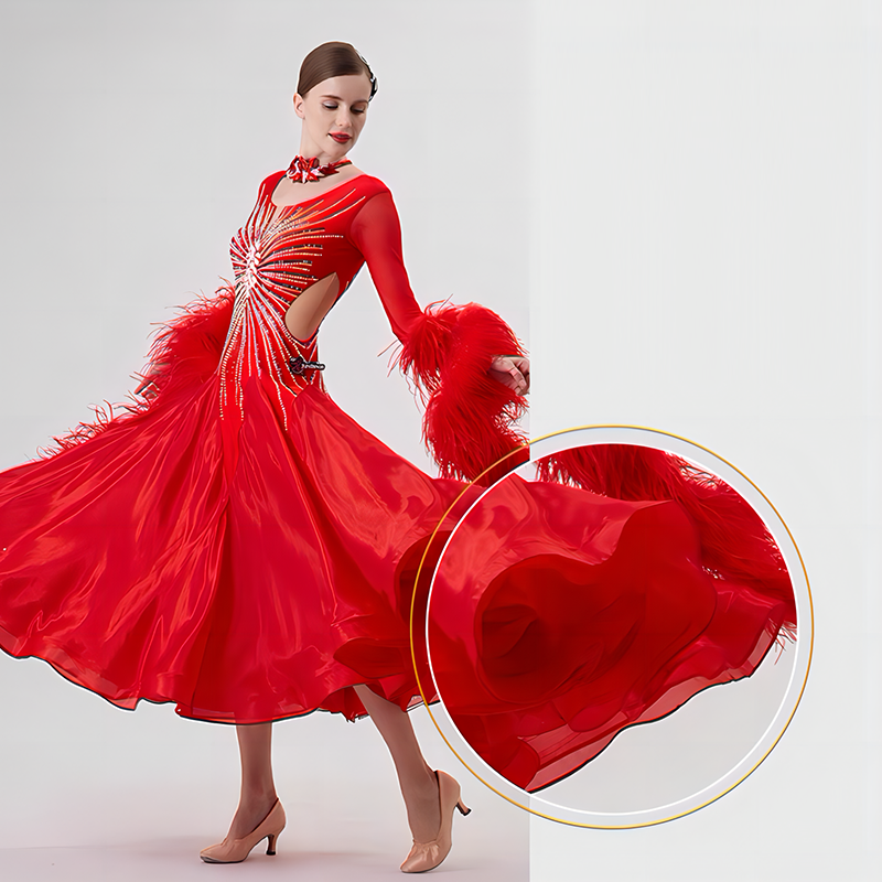 YUN Customisable-Women's Long Sleeve Mesh Round Neck Diamonds Dress For Ballroom Dancing Smooth Dress
