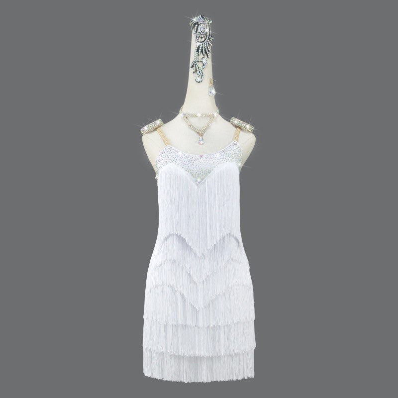Customisable-Women's White Tassel Latin Dance Dress Professional Dance Stage Performance Wear