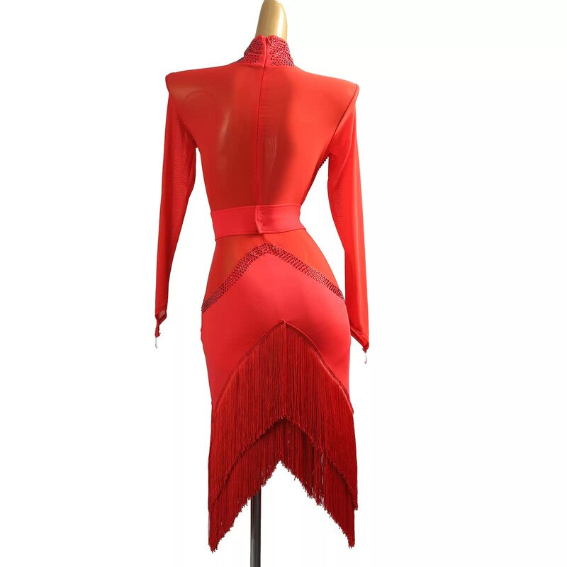 YZY Customisable-Women's Red Long Sleeve Tassel DanceWear Dance Dress Performance Wear