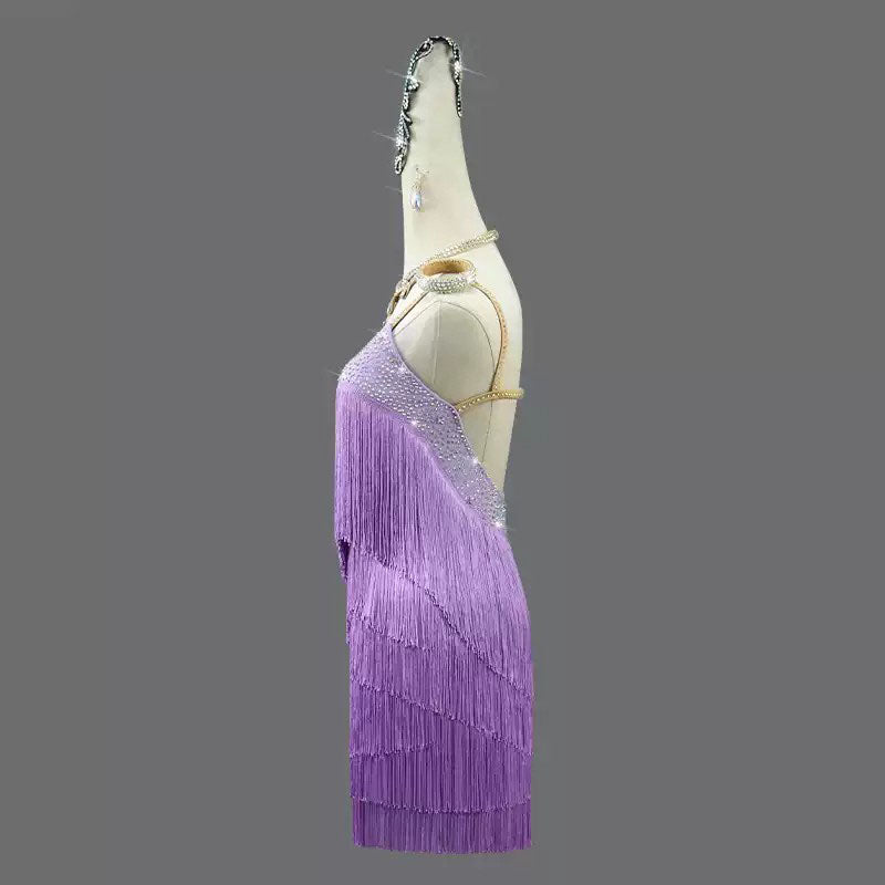 Customisable-Women's Purple Tassel Latin Dance Dress Professional Dance Stage Performance Wear