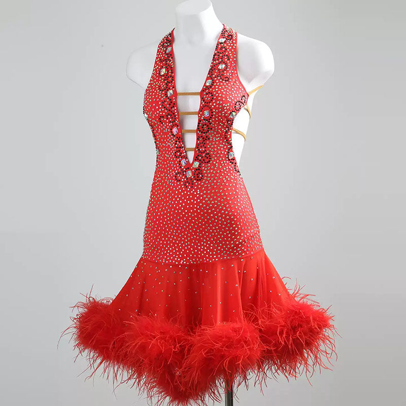 YZY Customisable-Women's Red Feather DanceWear Dance Dress Performance Wear