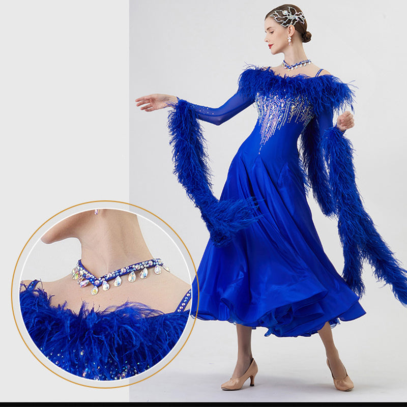 YUN Customisable-Women's Long Sleeve  Backless Diamonds Waltz Modern Ballroom Dance Dress Competition Dresses (With Necklace)