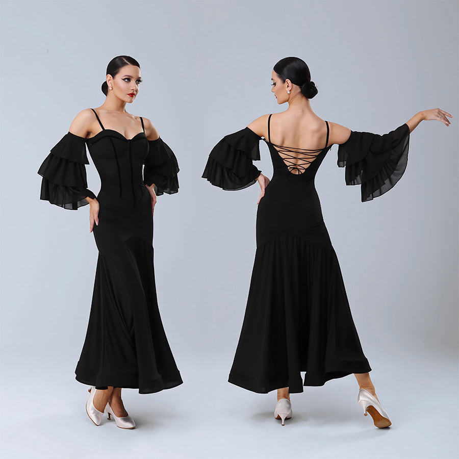 TID Customisable Women's Off Shoulder Black Dance Dresses Performance Competition Dancewear