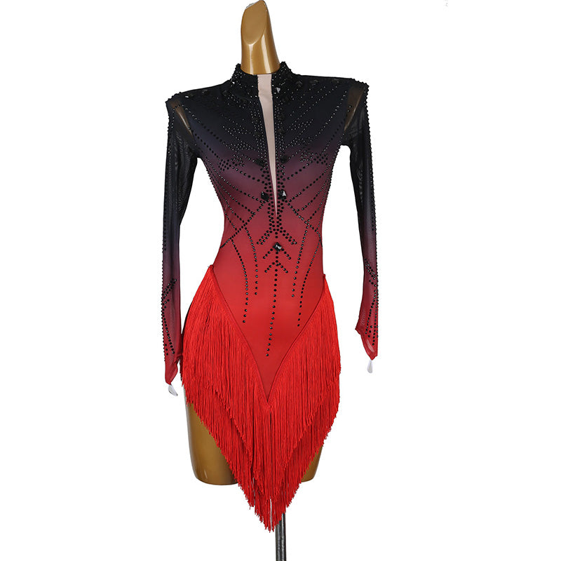 YZY Customisable-Women's Black Long Sleeve Tassel DanceWear Dance Dress Performance Wear