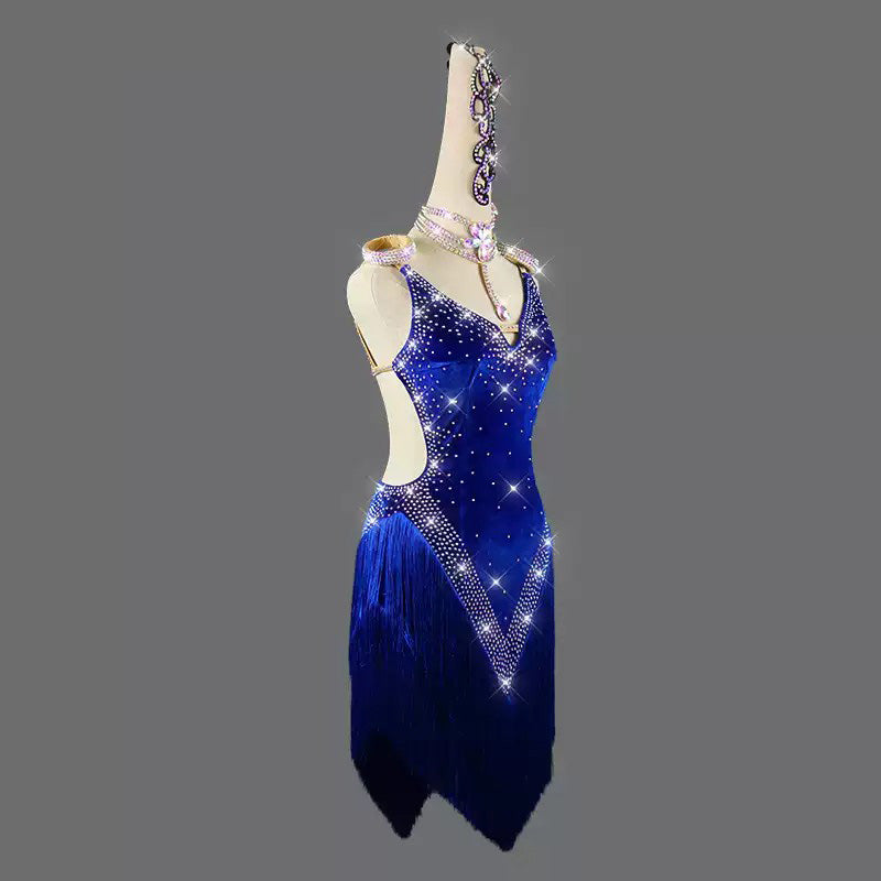 Customisable-Women's Blue Tassel Latin Dance Dress Professional Dance Stage Performance Wear