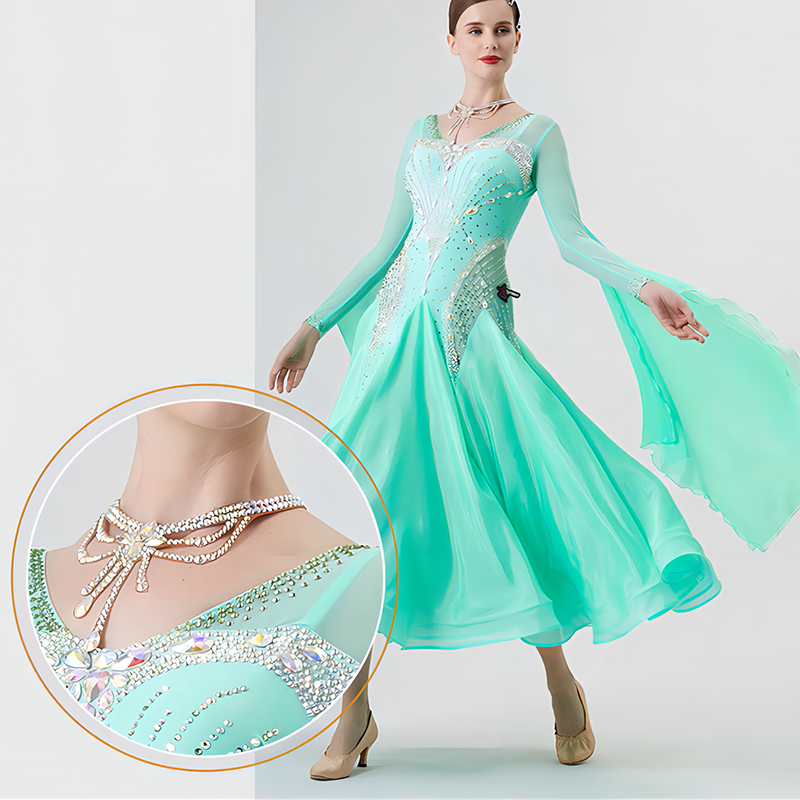YUN Customisable-Women's Long Sleeve Backless VNeck Diamonds Dress For Ballroom Dancing Smooth Dress