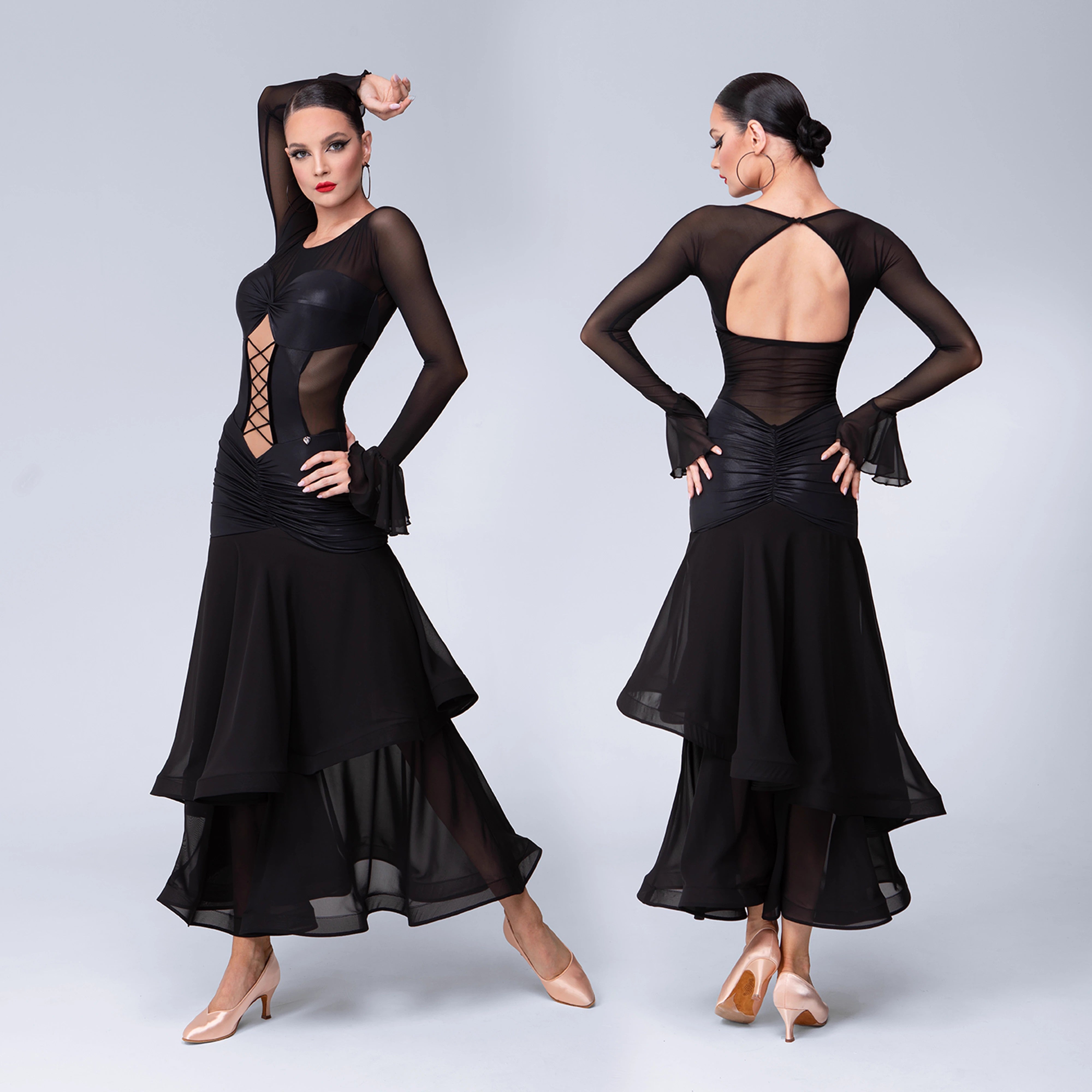 TID Customisable Women's Long Sleeve Black Dance Dresses Performance Competition Dancewear