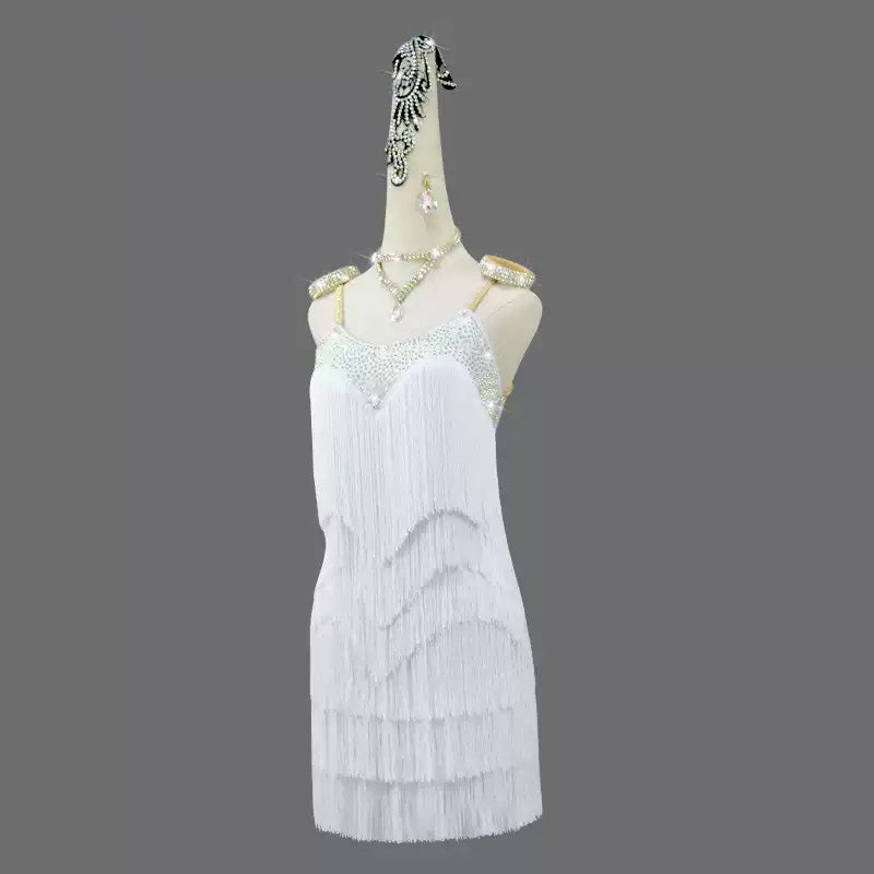 Customisable-Women's White Tassel Latin Dance Dress Professional Dance Stage Performance Wear