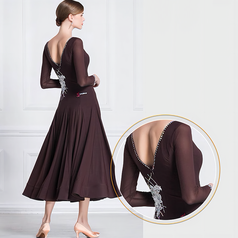 YUN Customisable-Women's Long Sleeve Applique with Diamonds Waltz Modern Ballroom Dance Dress