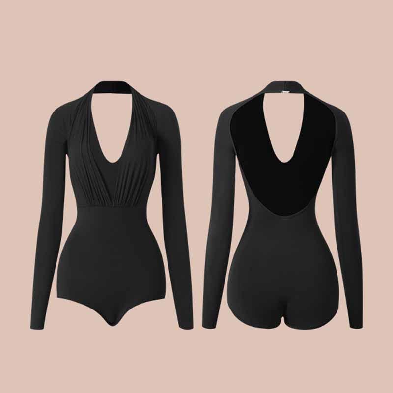 Z Girls Black Long Sleeve V Neck Latin Dance Bodysuit Dance Wear