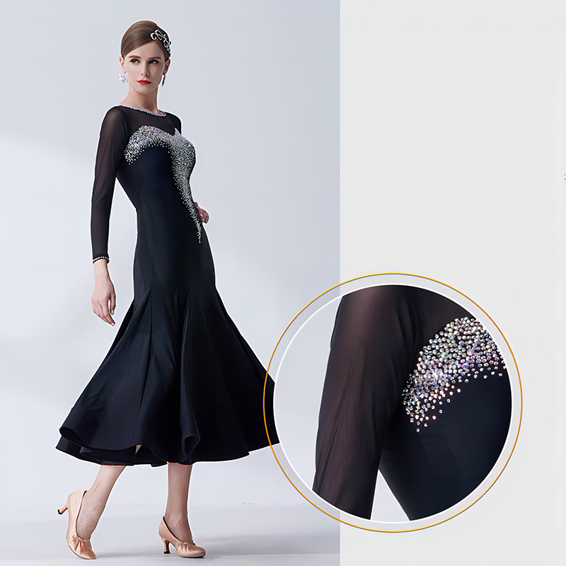 YUN Customisable-Women's Long Sleeve Mesh Diamonds Dress For Ballroom Dancing standard/Smooth Dress