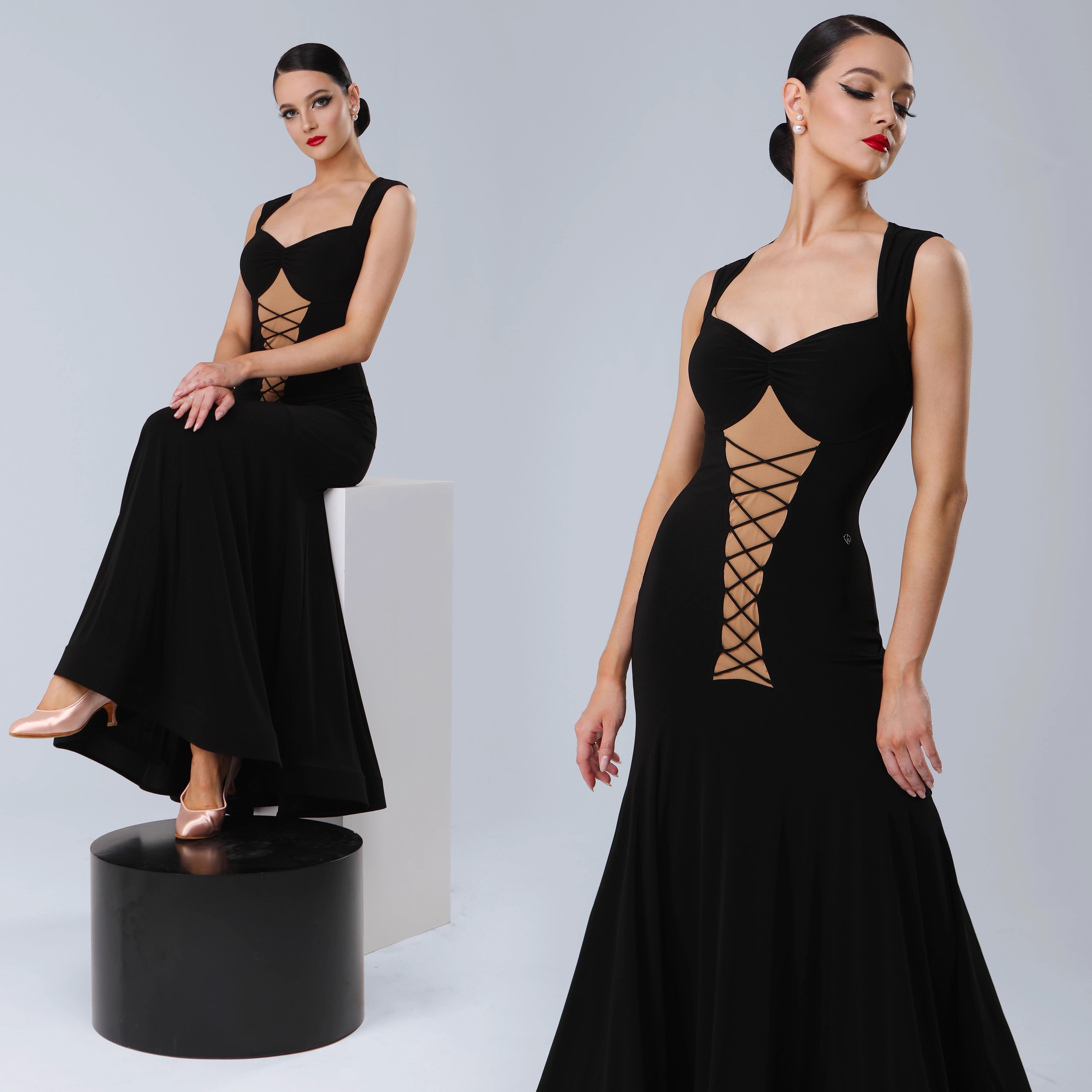 TID Customisable Women's V Neck Black Dance Dresses Performance Competition Dancewear