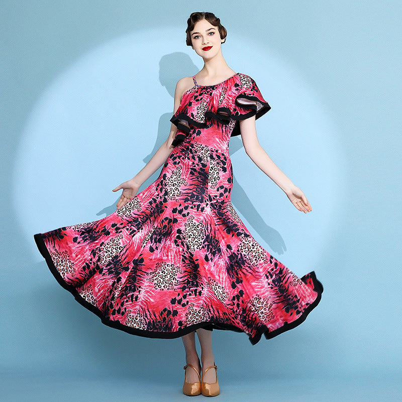 Women's Red Print Modern Dance Performance Dress Waltz Ballroom Dance Dress