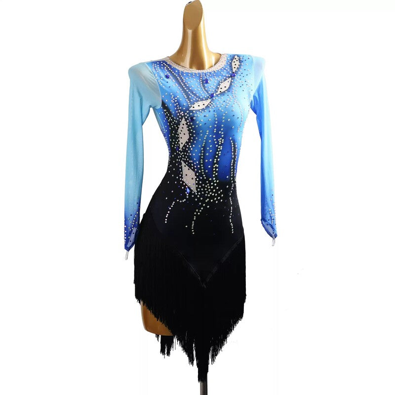 YZY Customisable-Women's Blue Long Sleeve Tassel Rhinestone DanceWear Dance Dress Performance Wear