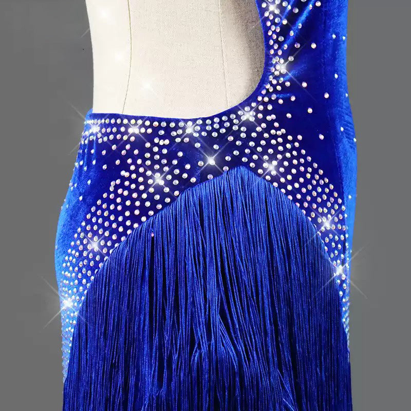 Customisable-Women's Blue Tassel Latin Dance Dress Professional Dance Stage Performance Wear