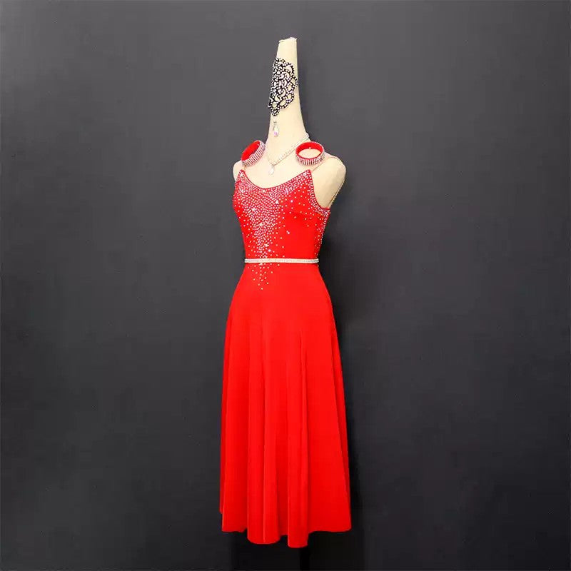 Customisable-Women's Red Latin Dance Dress Professional Dance Stage Performance Wear (With Waistband)