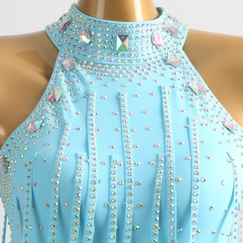 YZY Customisable-Women's Light Blue Sleeveless Tassel DanceWear Dance Dress Performance Wear