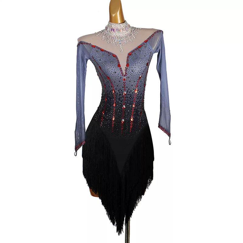 YZY Customisable-Women's Black Long Sleeve Tassel Rhinestone DanceWear Dance Dress Performance Wear