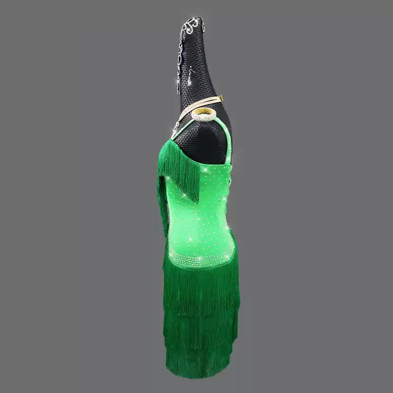 Customisable-Women's Green Tassel Latin Dance Dress Professional Dance Stage Performance Wear