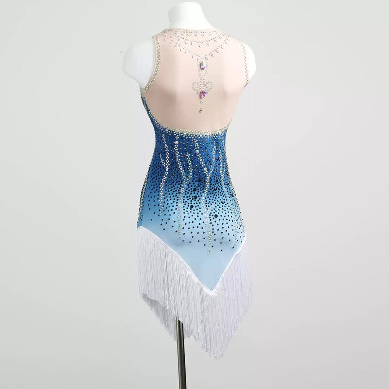 YZY Customisable-Women's Light Blue Sleeveless Tassel DanceWear Dance Dress Performance Wear