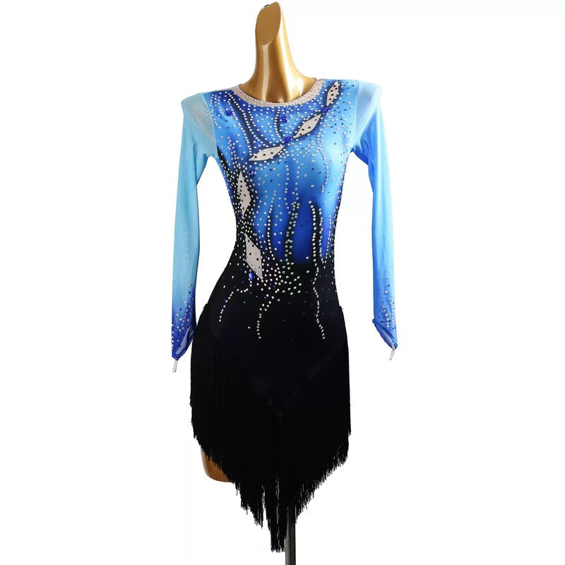 YZY Customisable-Women's Blue Long Sleeve Tassel Rhinestone DanceWear Dance Dress Performance Wear
