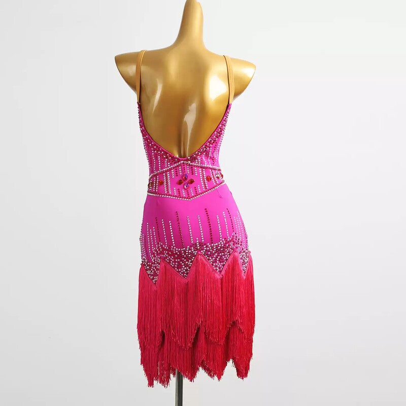 YZY Customisable-Women's Fuchsia Tassel DanceWear Dance Dress Performance Wear