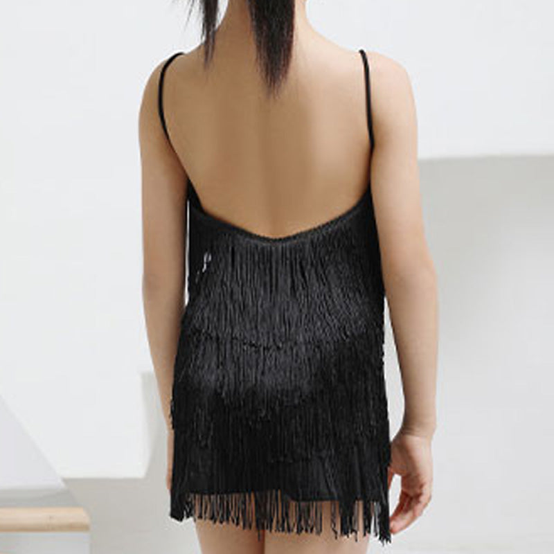 Z Girls Polyester Spaghetti Strap Tassel Latin Dance Dress Dance Wear