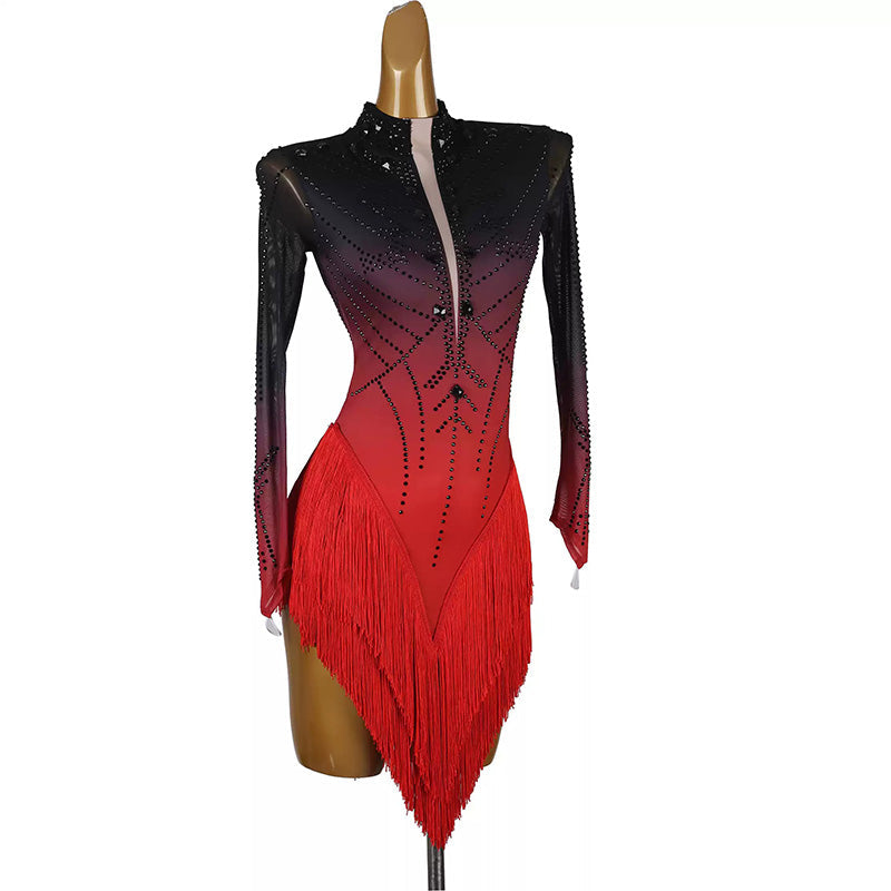 YZY Customisable-Women's Black Long Sleeve Tassel DanceWear Dance Dress Performance Wear