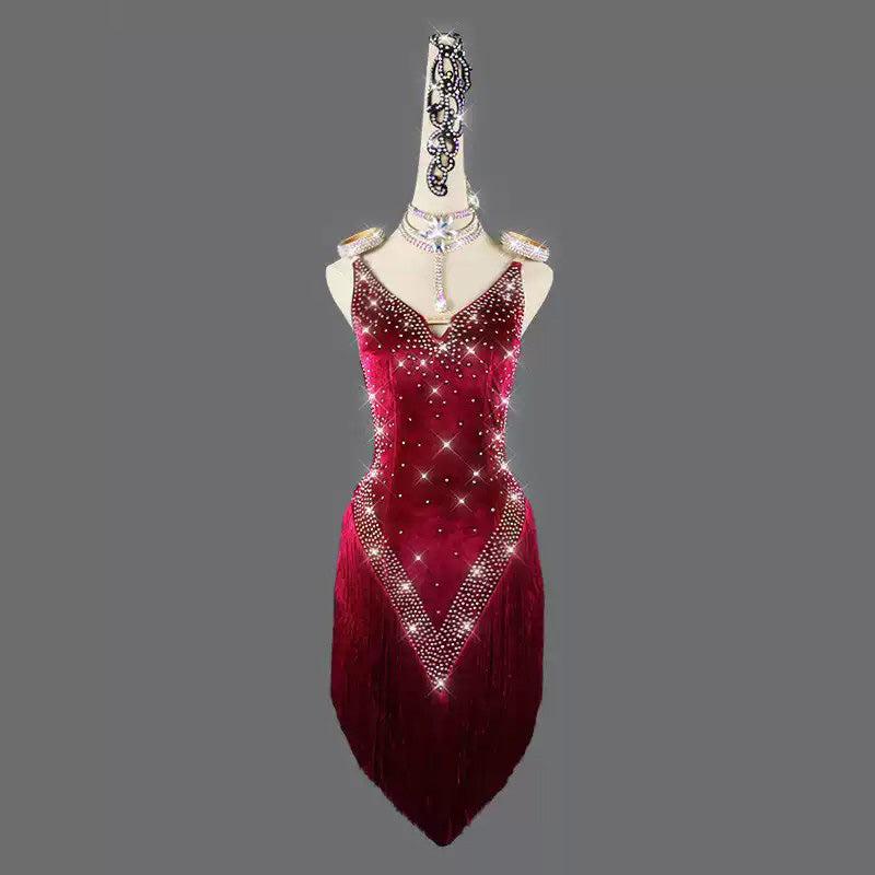 Customisable-Women's Red Tassel Latin Dance Dress Professional Dance Stage Performance Wear