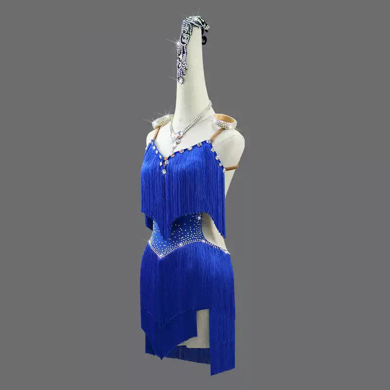 Customisable-Women's Blue Tassel Latin Dance Dress Professional Dance Stage Performance Wear