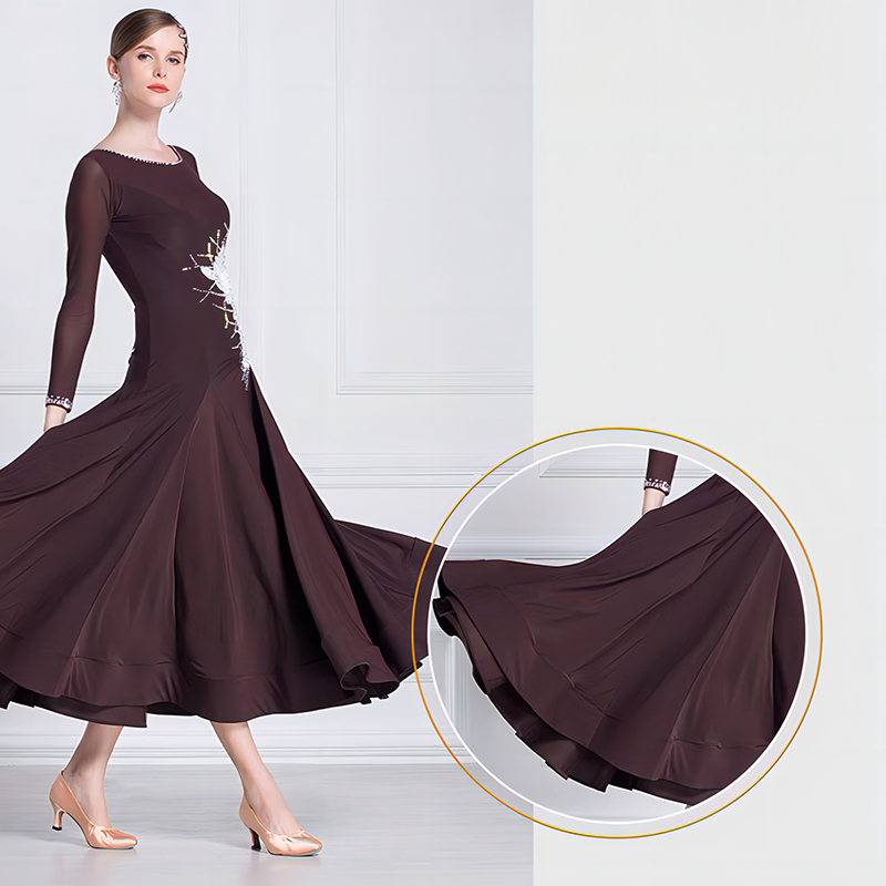 YUN Customisable-Women's Long Sleeve Applique with Diamonds Waltz Modern Ballroom Dance Dress