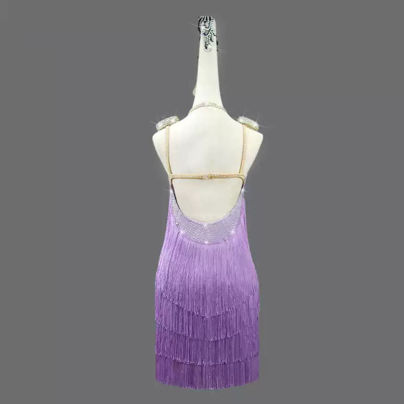Customisable-Women's Purple Tassel Latin Dance Dress Professional Dance Stage Performance Wear