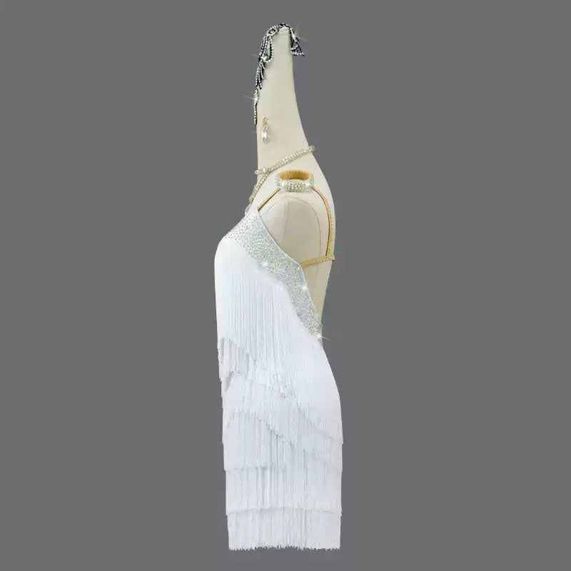 Customisable-Women's White Tassel Latin Dance Dress Professional Dance Stage Performance Wear